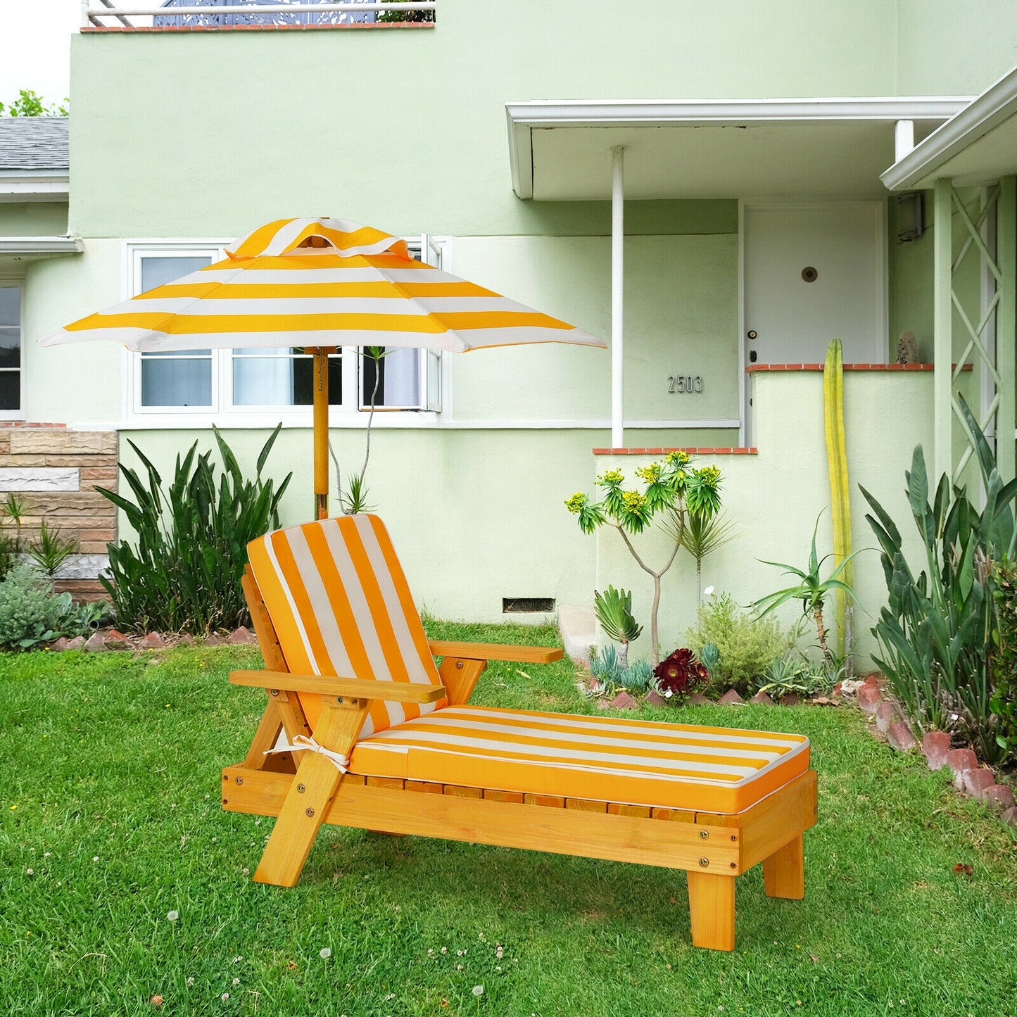 Chaise longue d'extérieur en bois pour enfants avec parasol réglable en hauteur