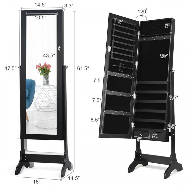 Lockable Mirrored Jewelry Cabinet Armoire Storage Organizer Box