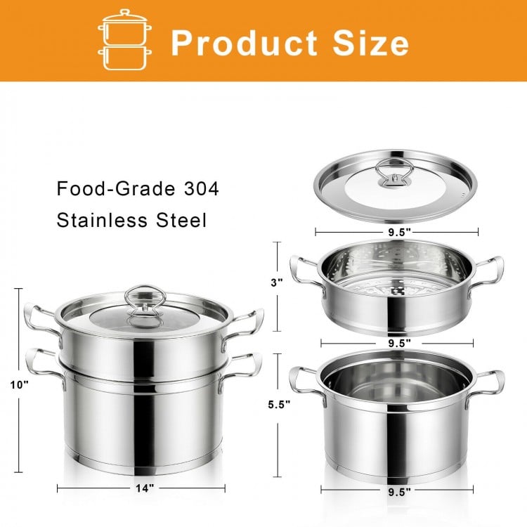 2/3 Tier Stainless Steel Steamer with Handles and Glass Lid