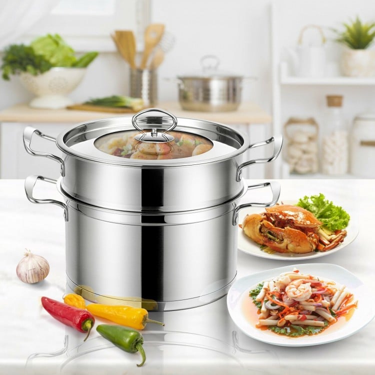 2/3 Tier Stainless Steel Steamer with Handles and Glass Lid