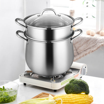 2-Tier Steamer Pot Saucepot Stainless Steel with Tempered Glass Lid