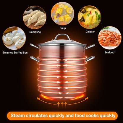 2-Tier Steamer Pot Saucepot Stainless Steel with Tempered Glass Lid