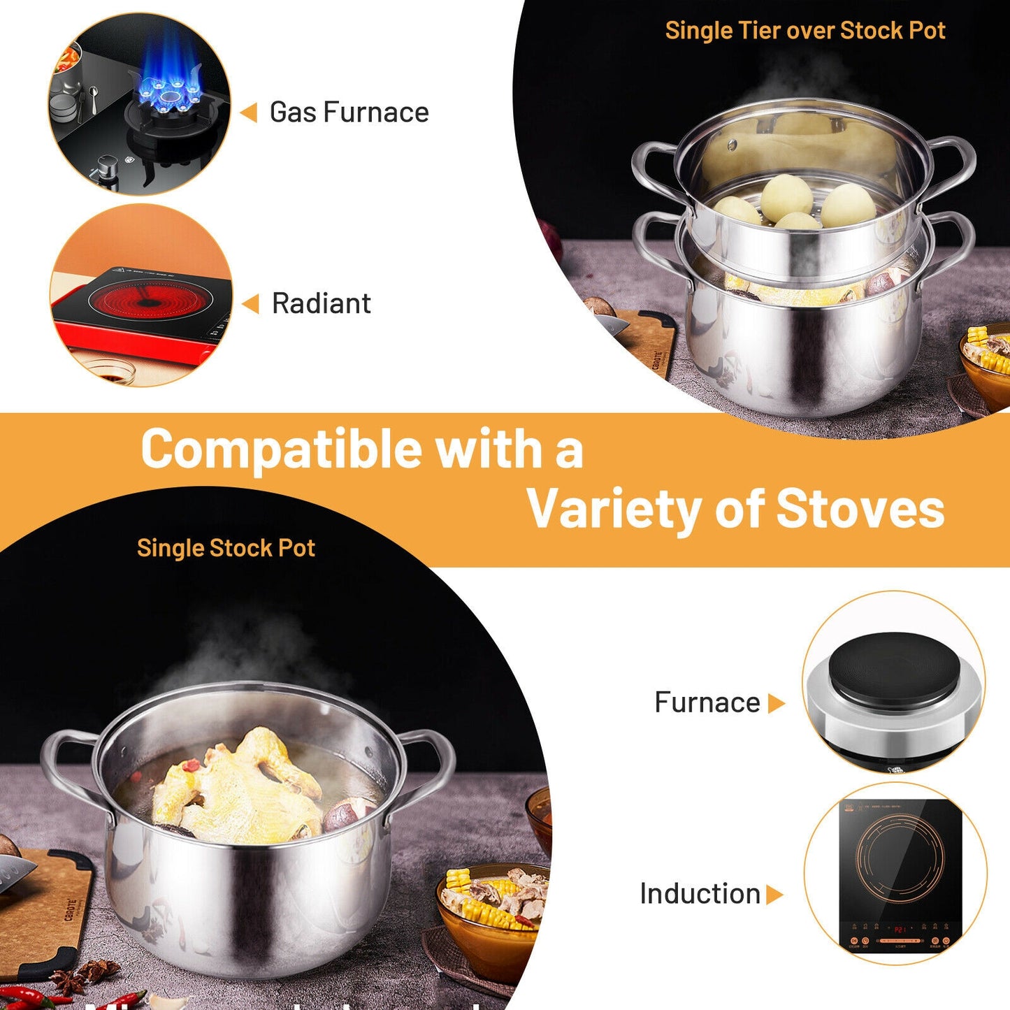 2-Tier Steamer Pot Saucepot Stainless Steel with Tempered Glass Lid