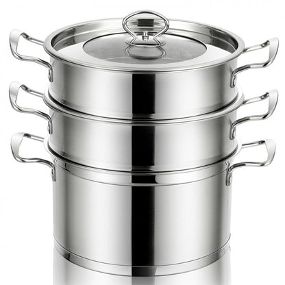 2/3 Tier Stainless Steel Steamer with Handles and Glass Lid