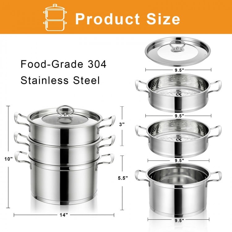 2/3 Tier Stainless Steel Steamer with Handles and Glass Lid