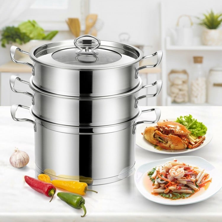 2/3 Tier Stainless Steel Steamer with Handles and Glass Lid