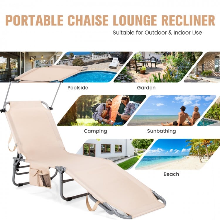 5-Position Adjustable Outdoor Recliner Chair with Canopy Shade