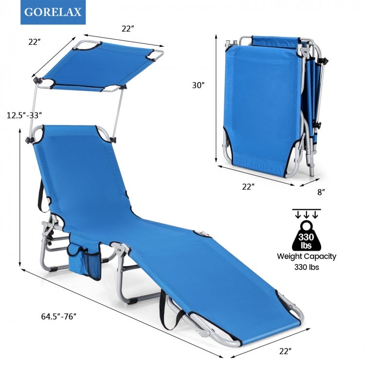 5-Position Adjustable Outdoor Recliner Chair with Canopy Shade