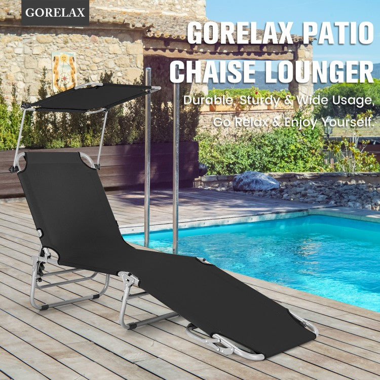 5-Position Adjustable Outdoor Recliner Chair with Canopy Shade