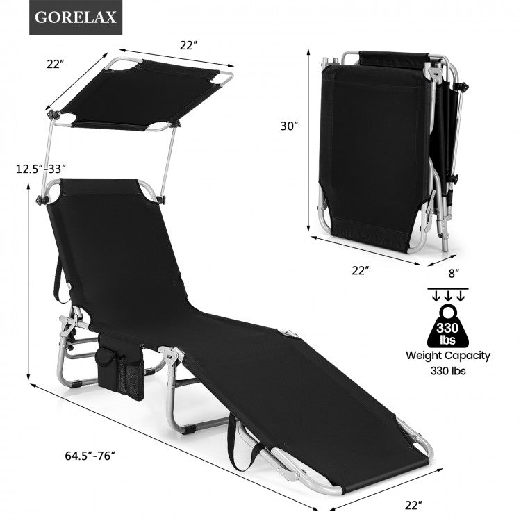 5-Position Adjustable Outdoor Recliner Chair with Canopy Shade