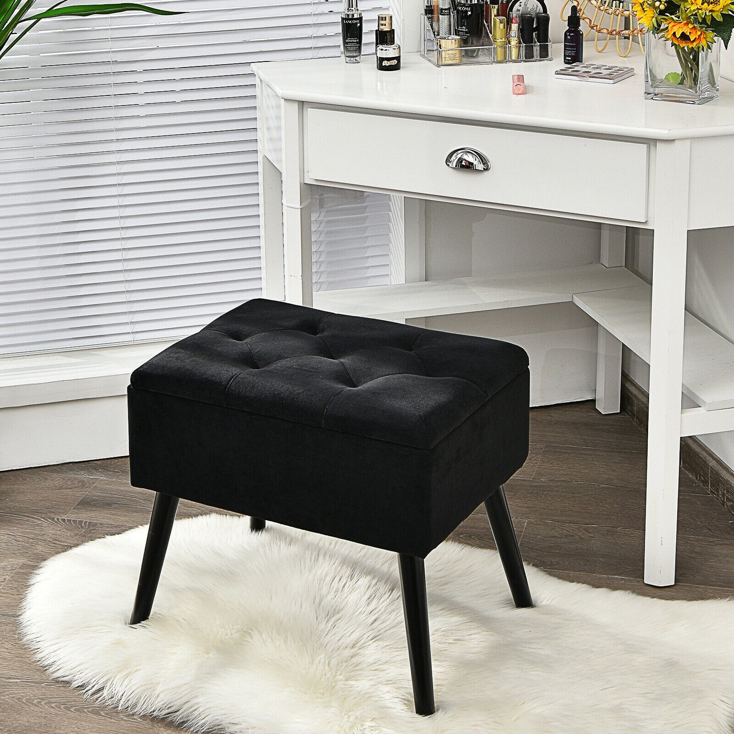 Velvet Storage Ottoman with Solid Wood Legs for Living Room Bedroom