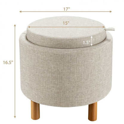 Round Fabric Storage Ottoman with Tray and Non-Slip Pads for Bedroom