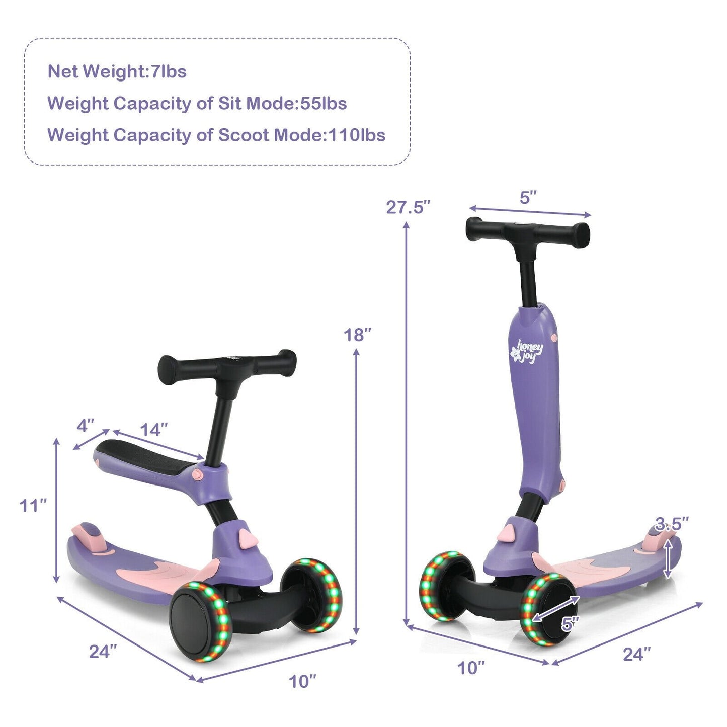 Trottinette 2 en 1 pour enfants avec roues clignotantes pour filles et garçons de 1,5 à 6 ans