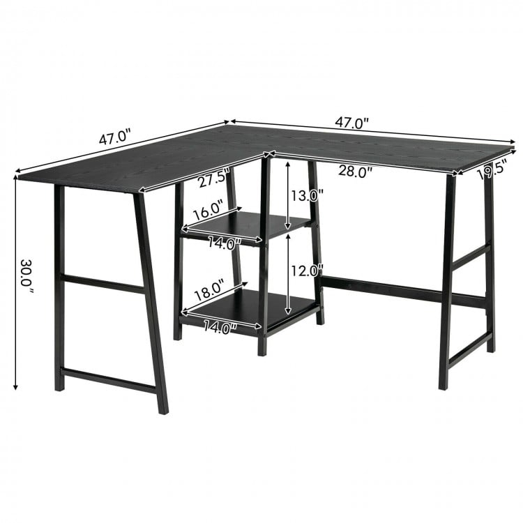 Bureau d'ordinateur d'angle en L avec étagères de rangement