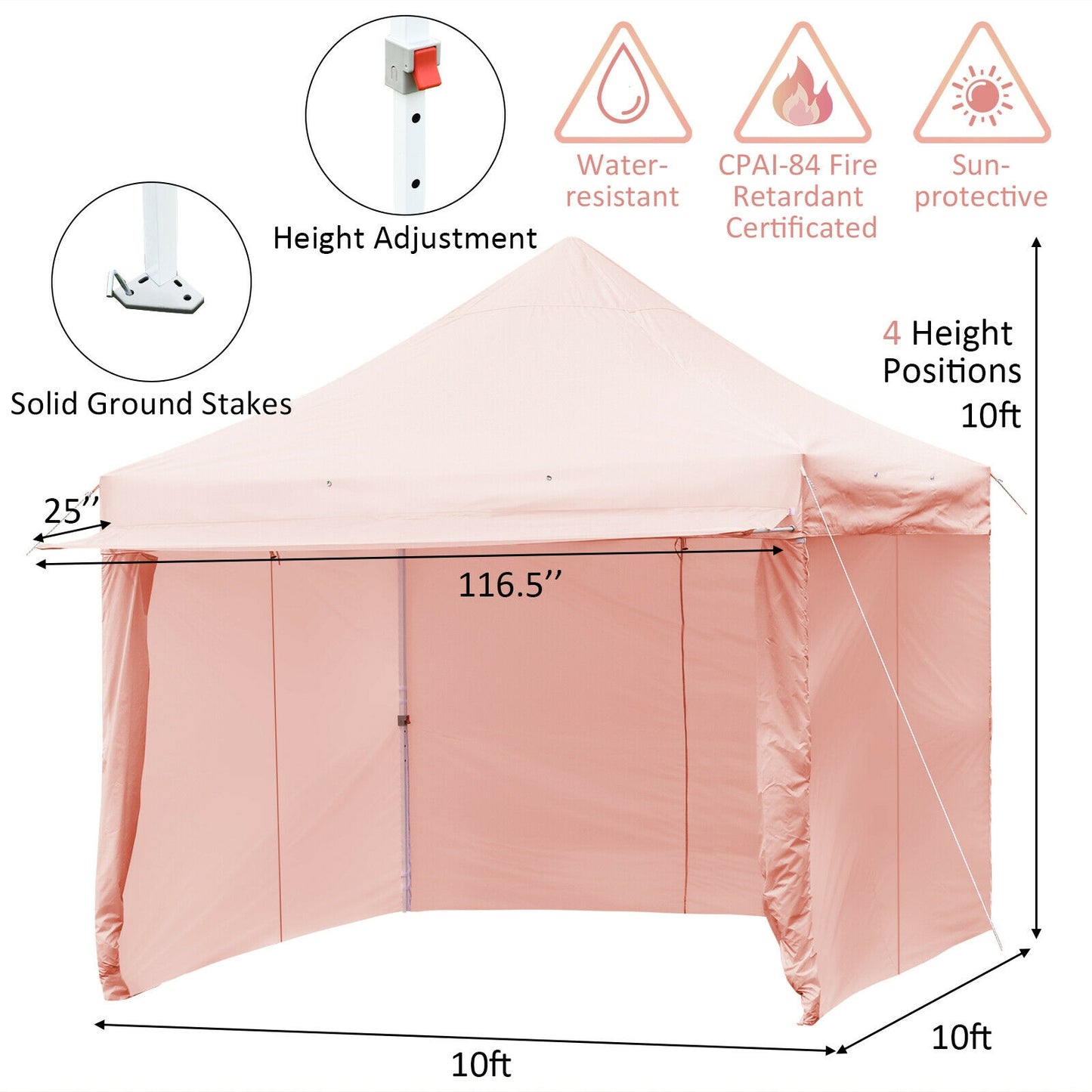 10 x 10 Feet Pop-up Gazebo with 5 Removable Zippered Sidewalls and Extended Awning