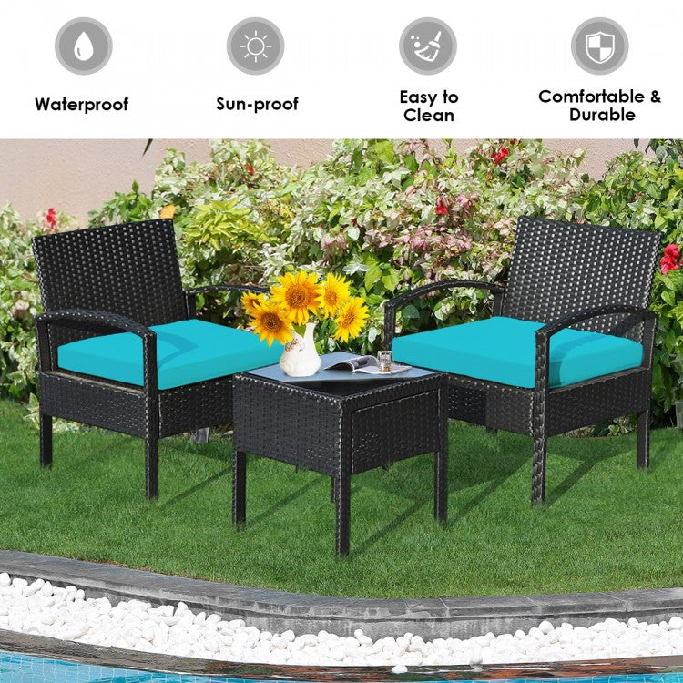 3 Pieces Outdoor Rattan Patio Conversation Set with Seat Cushions 15 Rev