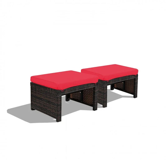 2 Pieces Patio Rattan Ottomans with Soft Cushion for Patio and Garden-Red