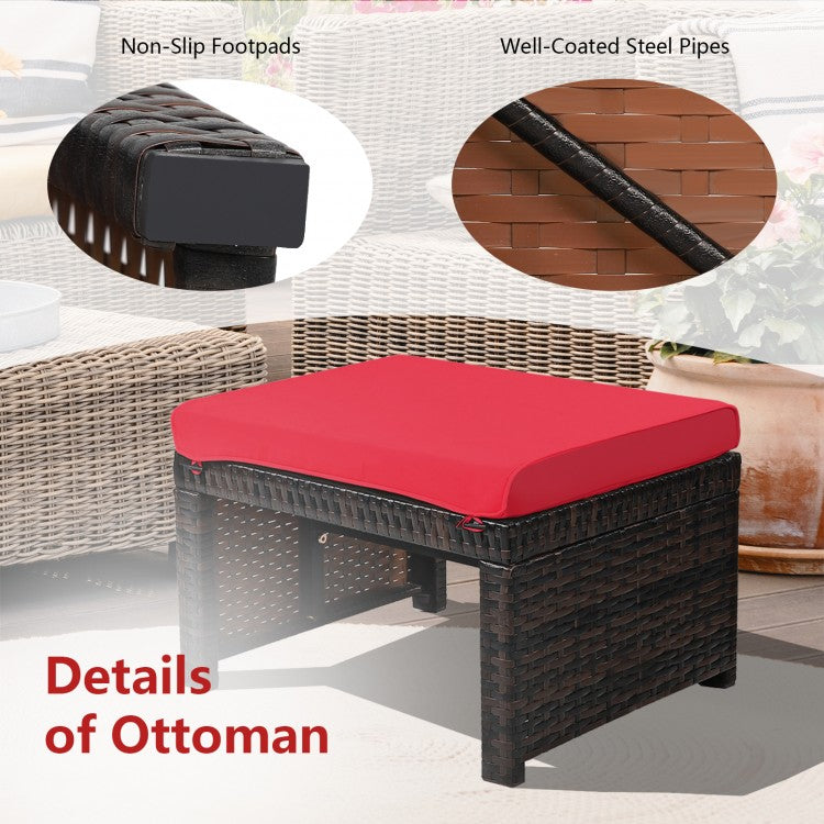 2 Pieces Patio Rattan Ottomans with Soft Cushion for Patio and Garden-Red