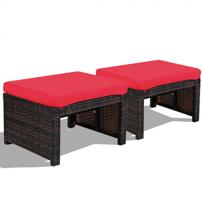 2 Pieces Patio Rattan Ottomans with Soft Cushion for Patio and Garden-Red