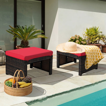 Poufs de patio en rotin 2 pièces avec coussin moelleux pour patio et jardin - Rouge