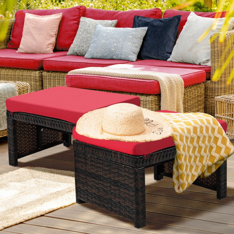 2 Pieces Patio Rattan Ottomans with Soft Cushion for Patio and Garden-Red