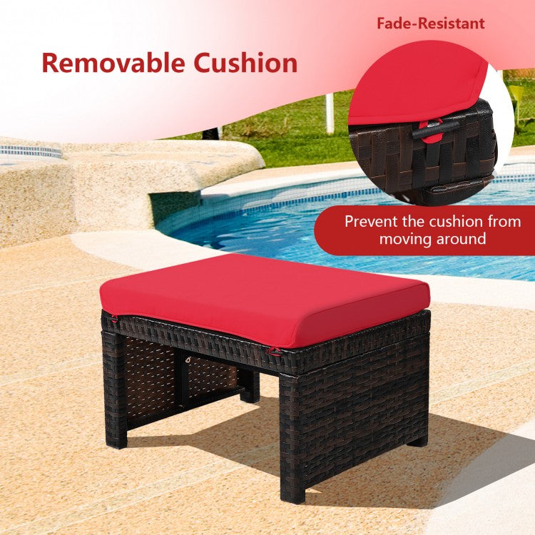 Poufs de patio en rotin 2 pièces avec coussin moelleux pour patio et jardin - Rouge