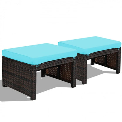 2 Pieces Patio Rattan Ottomans with Soft Cushion for Patio and Garden-Turquoise