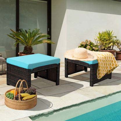 Poufs de patio en rotin 2 pièces avec coussin moelleux pour patio et jardin - Turquoise