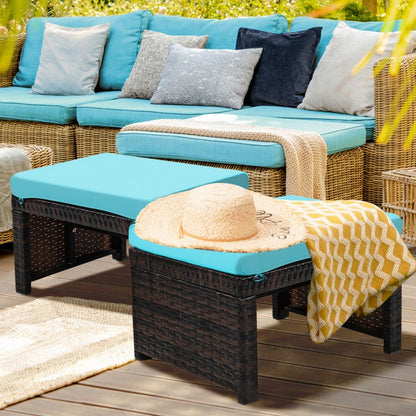 Poufs de patio en rotin 2 pièces avec coussin moelleux pour patio et jardin - Turquoise