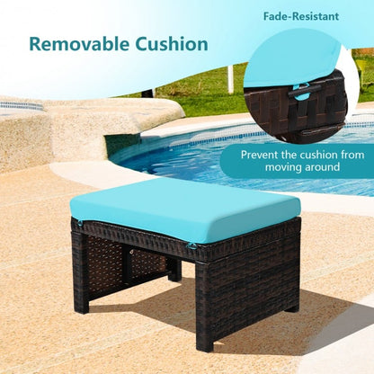 2 Pieces Patio Rattan Ottomans with Soft Cushion for Patio and Garden-Turquoise