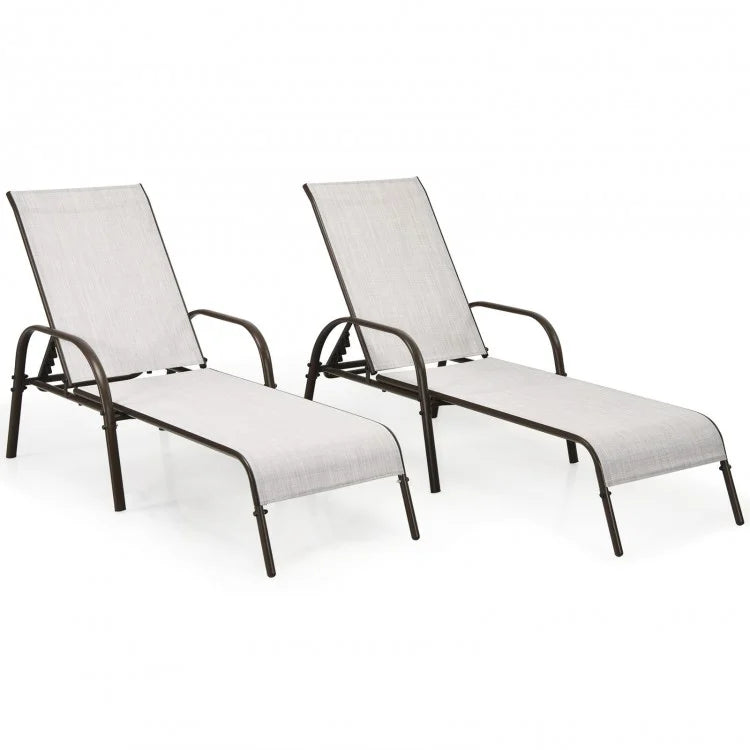 Lot de 2 chaises longues d'extérieur en tissu avec accoudoirs inclinables réglables - Gris 