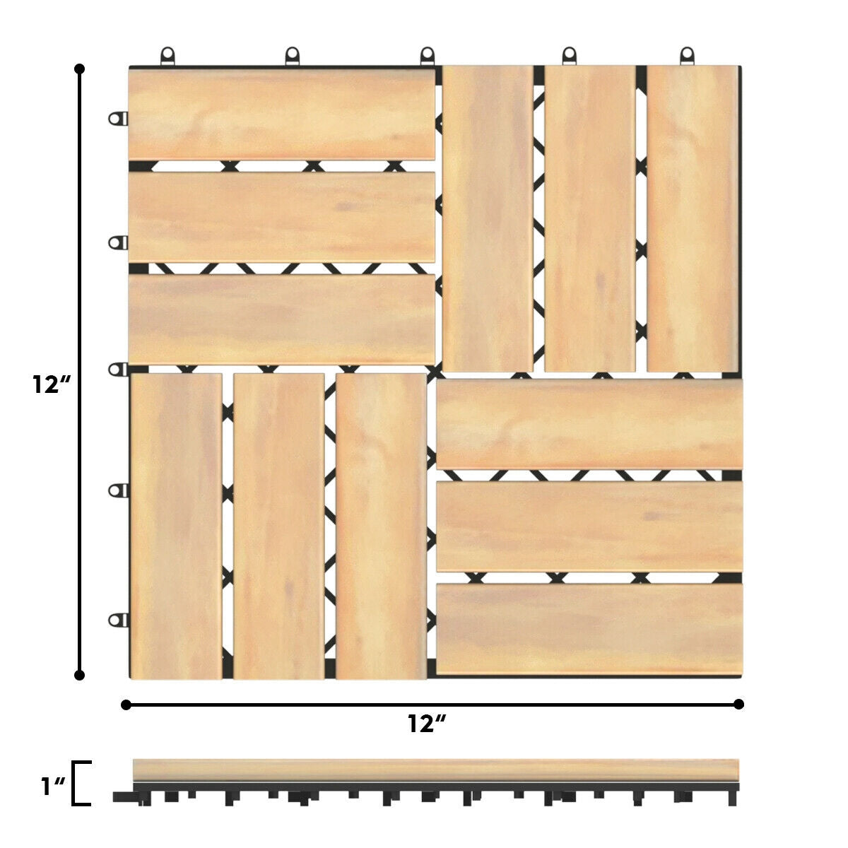 10 Pieces 12 x 12  Inch Acacia Wood  Interlocking Check Deck Tiles