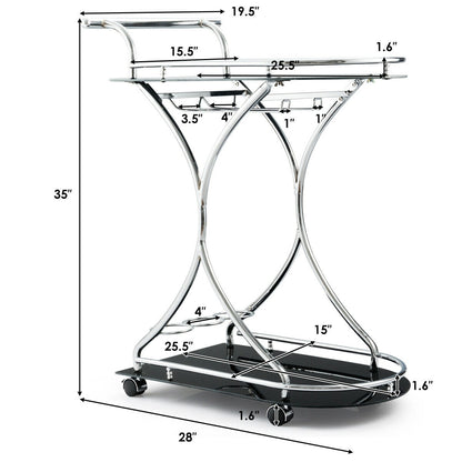 Glass Serving Cart with Metal Frame and 2 Tempered Glass Shelves