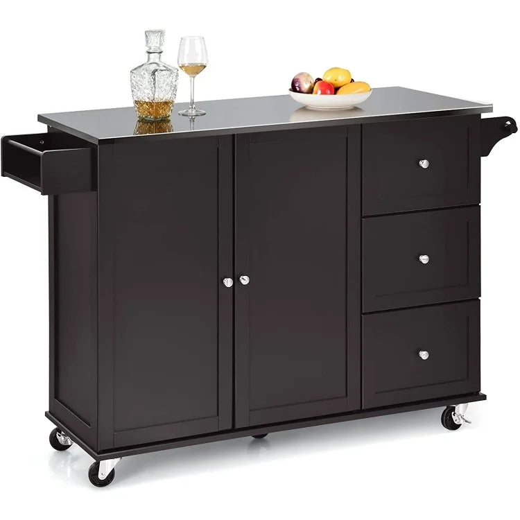 Kitchen Island 2-Door Storage Cabinet with Drawers and Stainless Steel Top