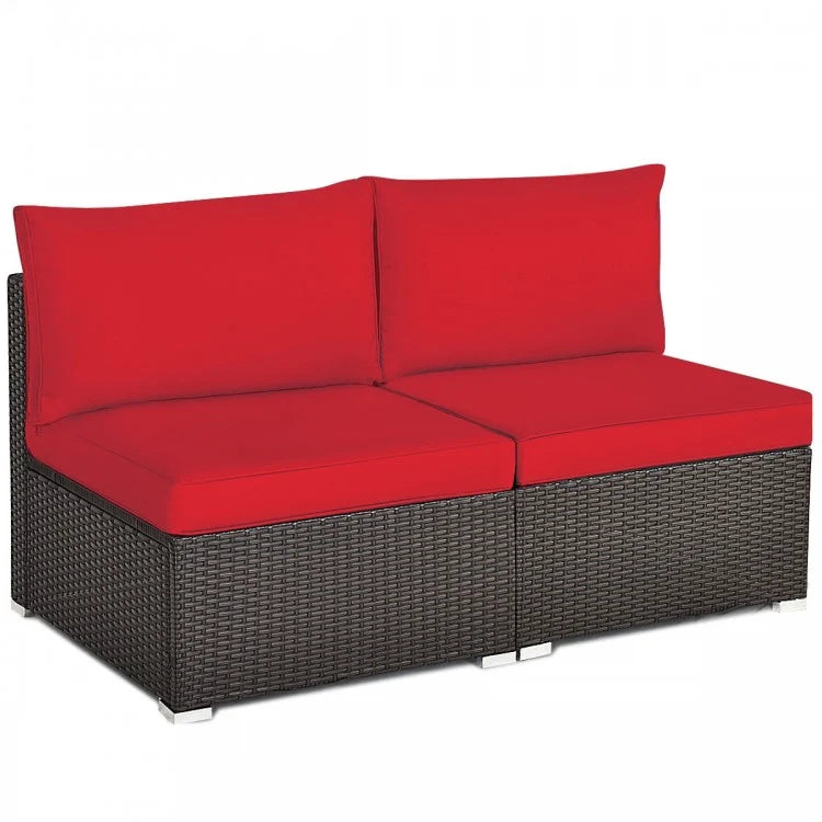 2 Pieces Patio Rattan Armless Sofa Set with 2 Cushions and 2 Pillows