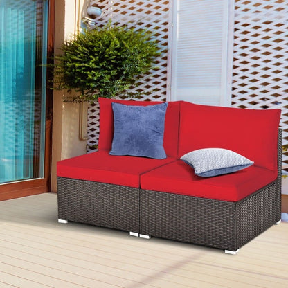 2 Pieces Patio Rattan Armless Sofa Set with 2 Cushions and 2 Pillows