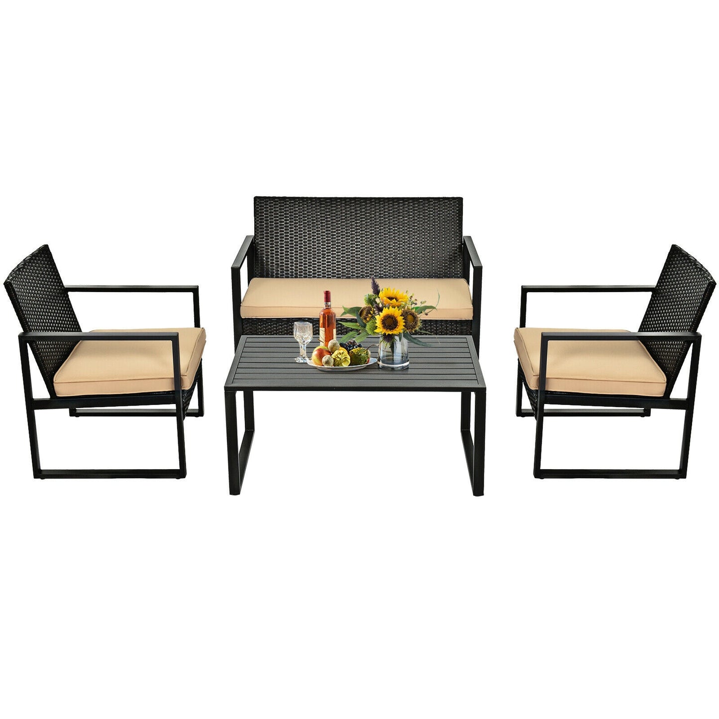 4 Pieces Patio Rattan Furniture Set Cushioned Sofa Coffee Table Garden Deck