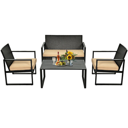 4 Pieces Patio Rattan Furniture Set Cushioned Sofa Coffee Table Garden Deck