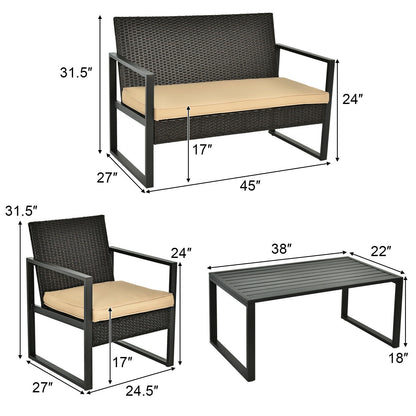 4 Pieces Patio Rattan Furniture Set Cushioned Sofa Coffee Table Garden Deck