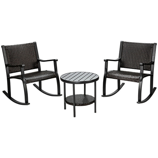 3 Pieces Patio Rattan Furniture Set with Coffee Table and Rocking Chairs