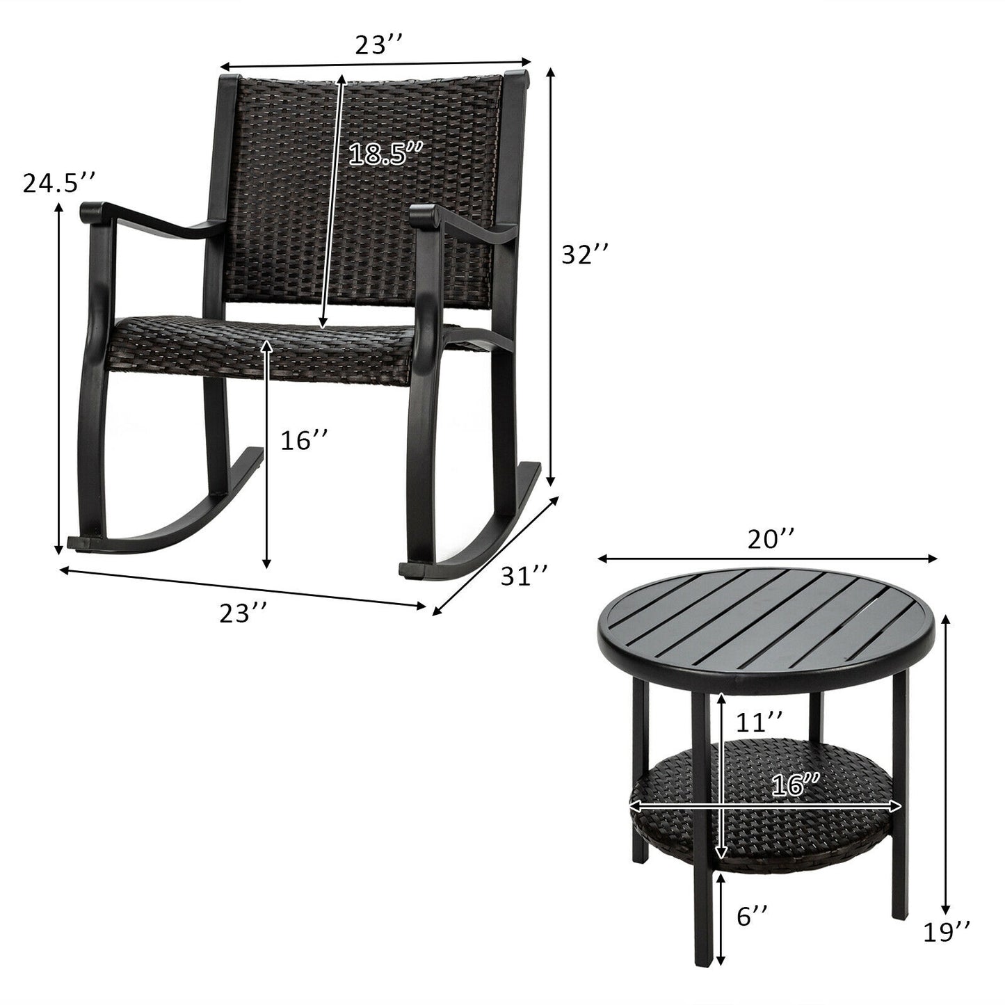 Ensemble de meubles de patio en rotin 3 pièces avec table basse et chaises à bascule