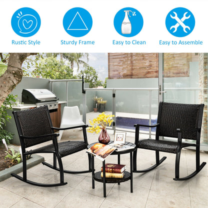 3 Pieces Patio Rattan Furniture Set with Coffee Table and Rocking Chairs