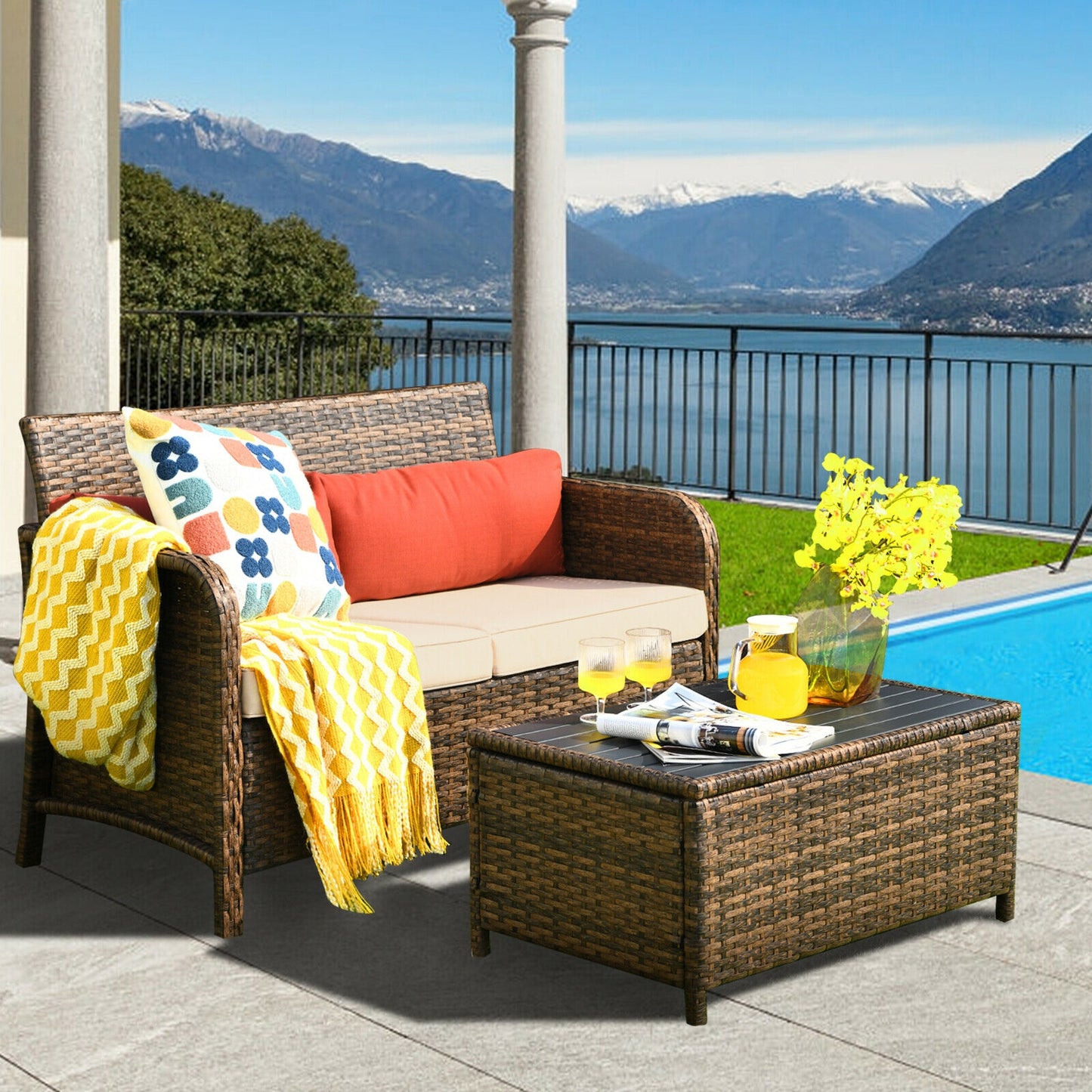 2 Pieces Cushioned Patio Rattan Furniture Set