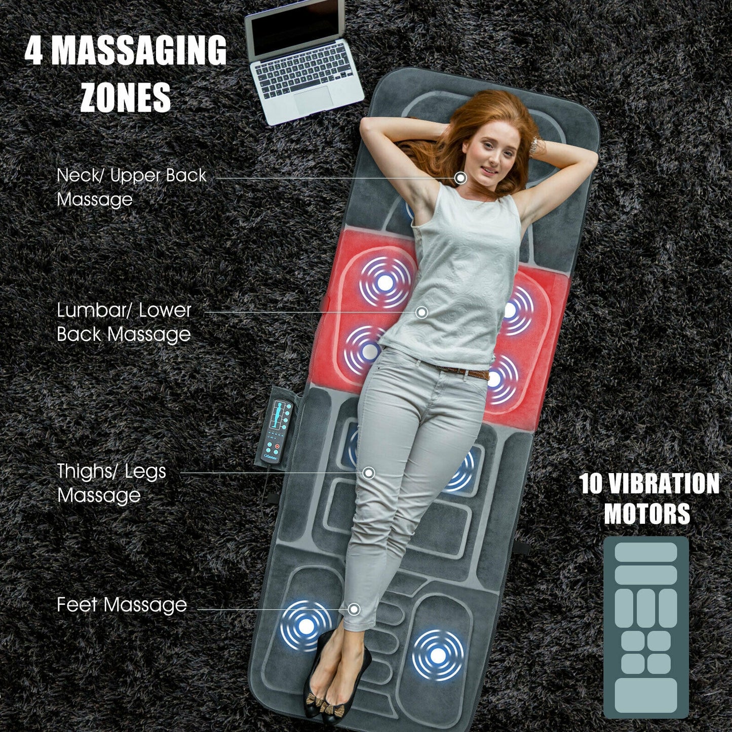 Tapis de massage pliable avec chaleur et 10 moteurs de vibration