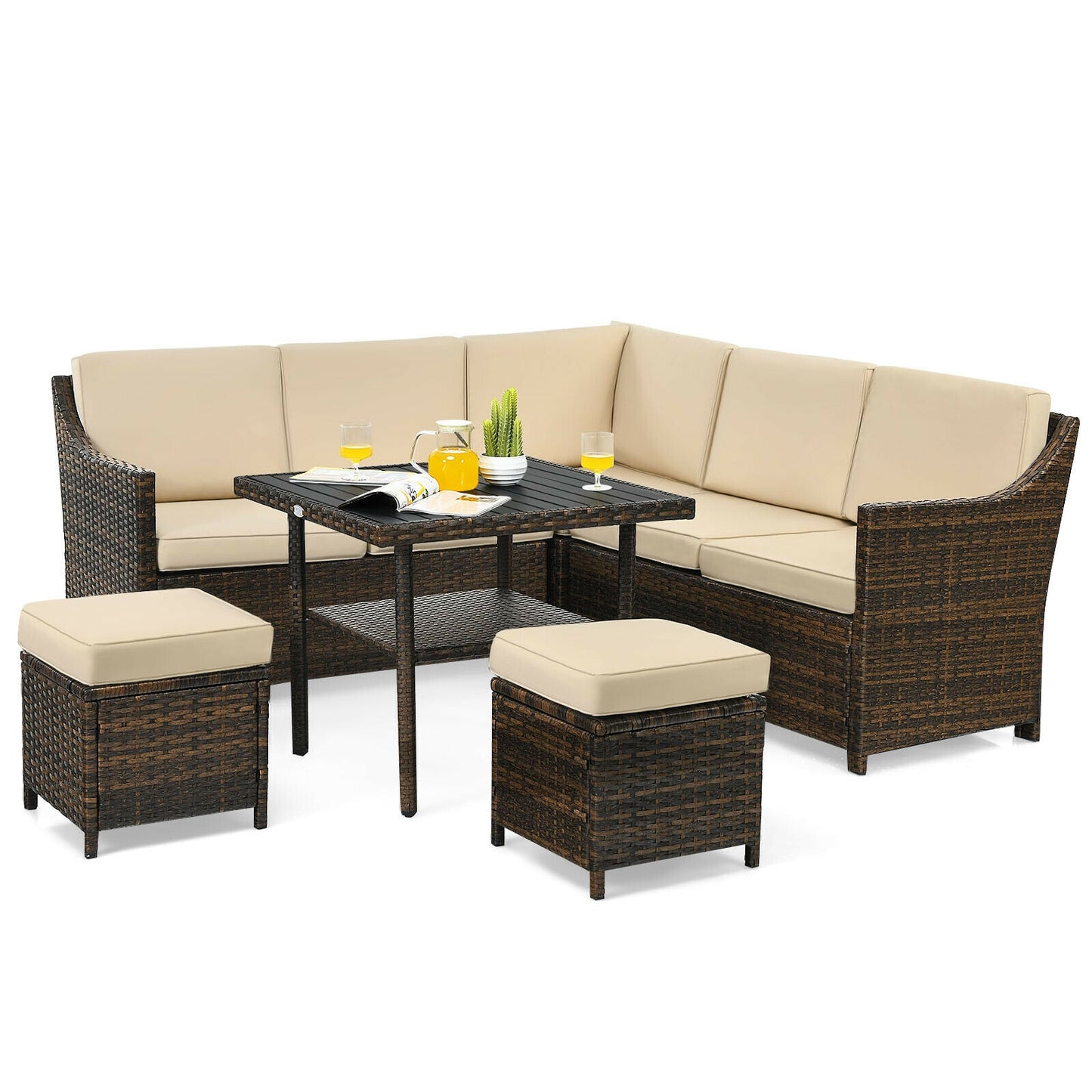 6 Pieces Patio Rattan Dining Sofa Funiture Set