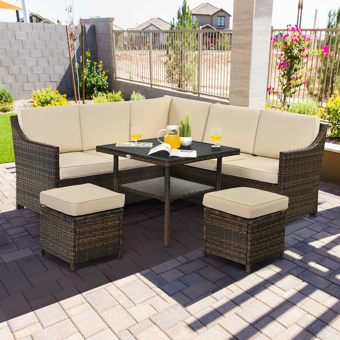 6 Pieces Patio Rattan Dining Sofa Funiture Set