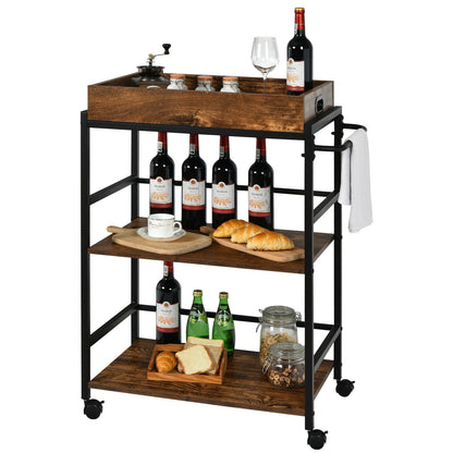 3-Tier Kitchen Serving Bar Cart with Lockable Casters and Handle Rack for Home Pub-Rustic Brown