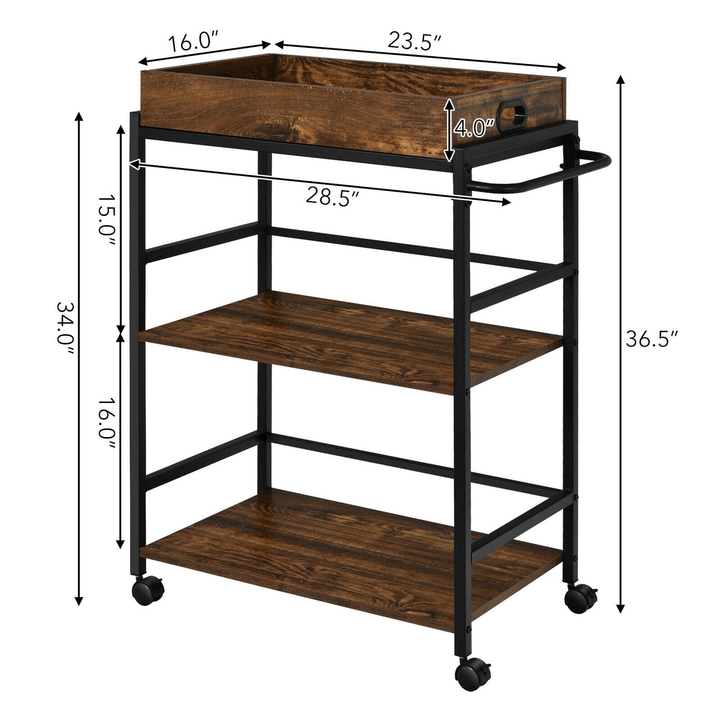 Chariot de bar de cuisine à 3 niveaux avec roulettes verrouillables et support à poignée pour pub à domicile - Brun rustique