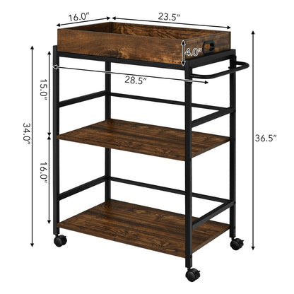 3-Tier Kitchen Serving Bar Cart with Lockable Casters and Handle Rack for Home Pub-Rustic Brown