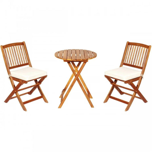 3 Pieces Patio Folding Wooden Bistro Set Cushioned Chair